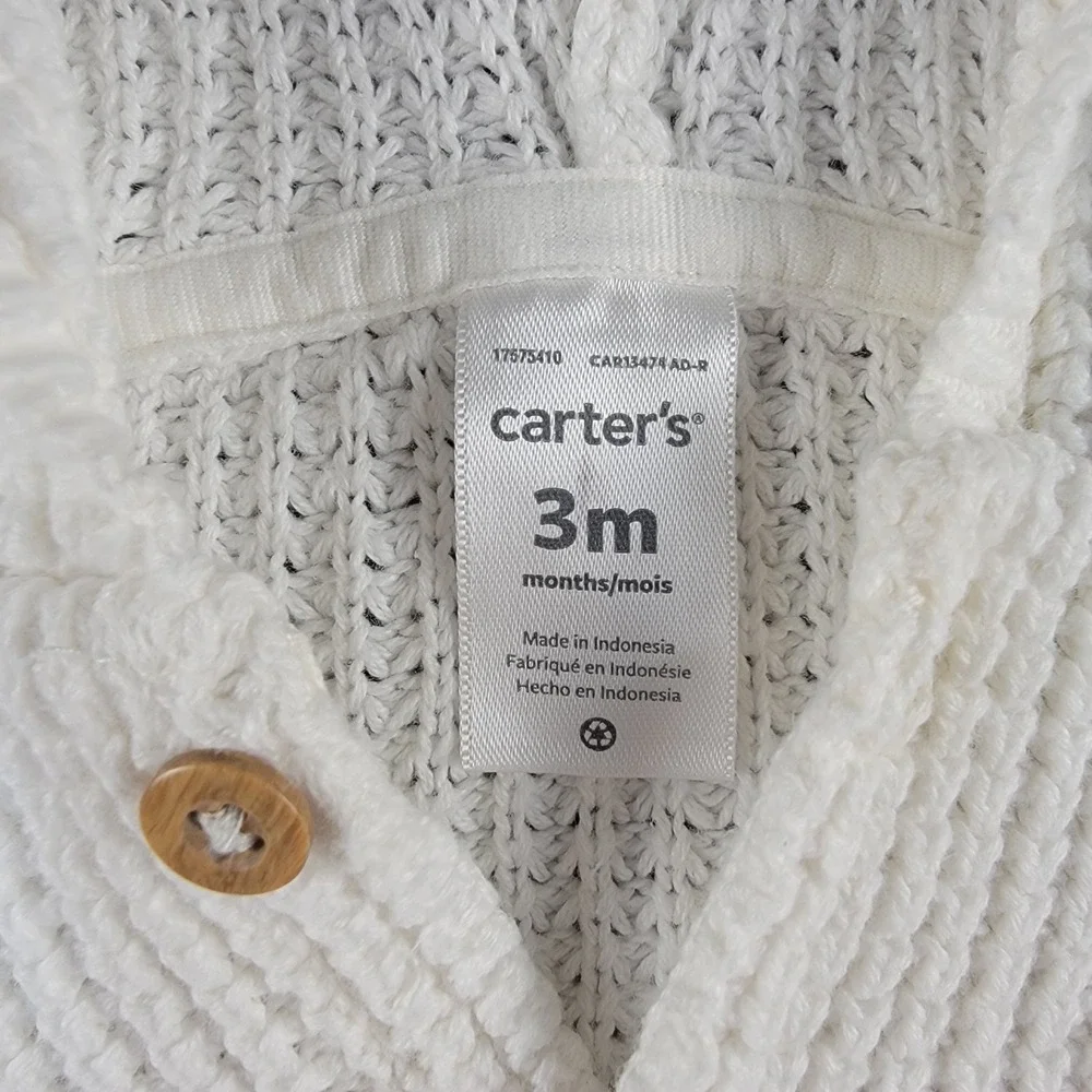 Carters Baby White Chunky Knit Hooded‎ Cardigan Sweater w/ Bear Ears 3M